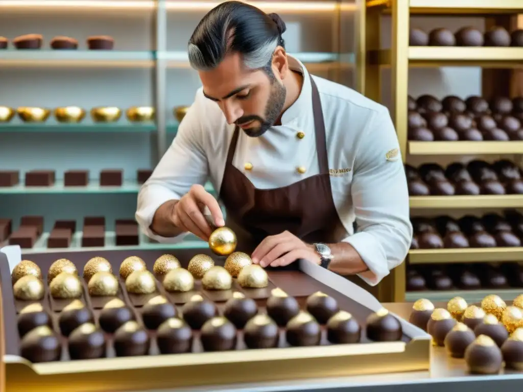 Un maestro chocolatero decorando trufas de lujo con hojas de oro en una chocolatería de lujo en Uruguay