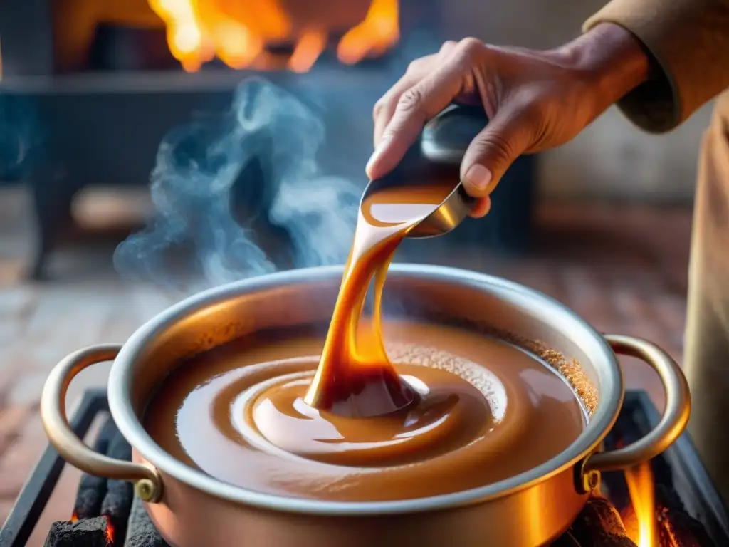 Un maestro del dulce de leche remueve con destreza la mezcla en un caldero de cobre sobre fuego, en una escena evocadora y nostálgica