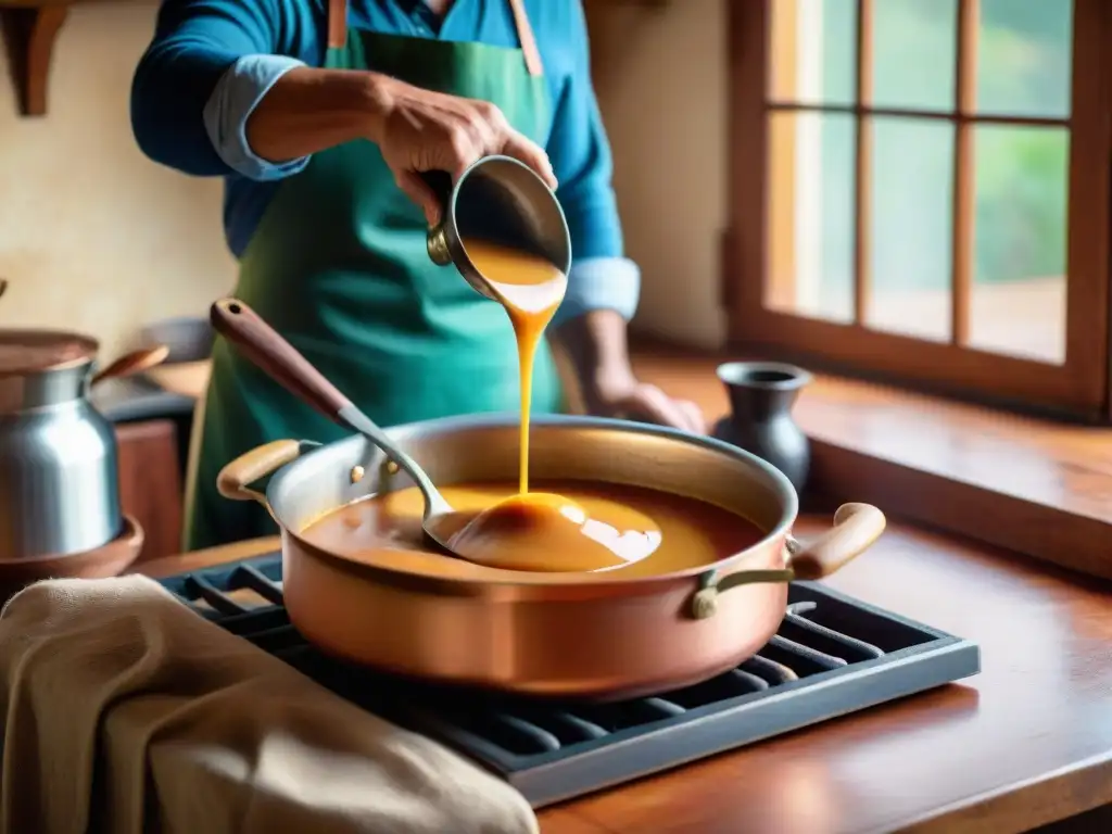 Un maestro del dulce de leche prepara con esmero la receta tradicional en una cocina rústica, creando una atmósfera cálida y nostálgica