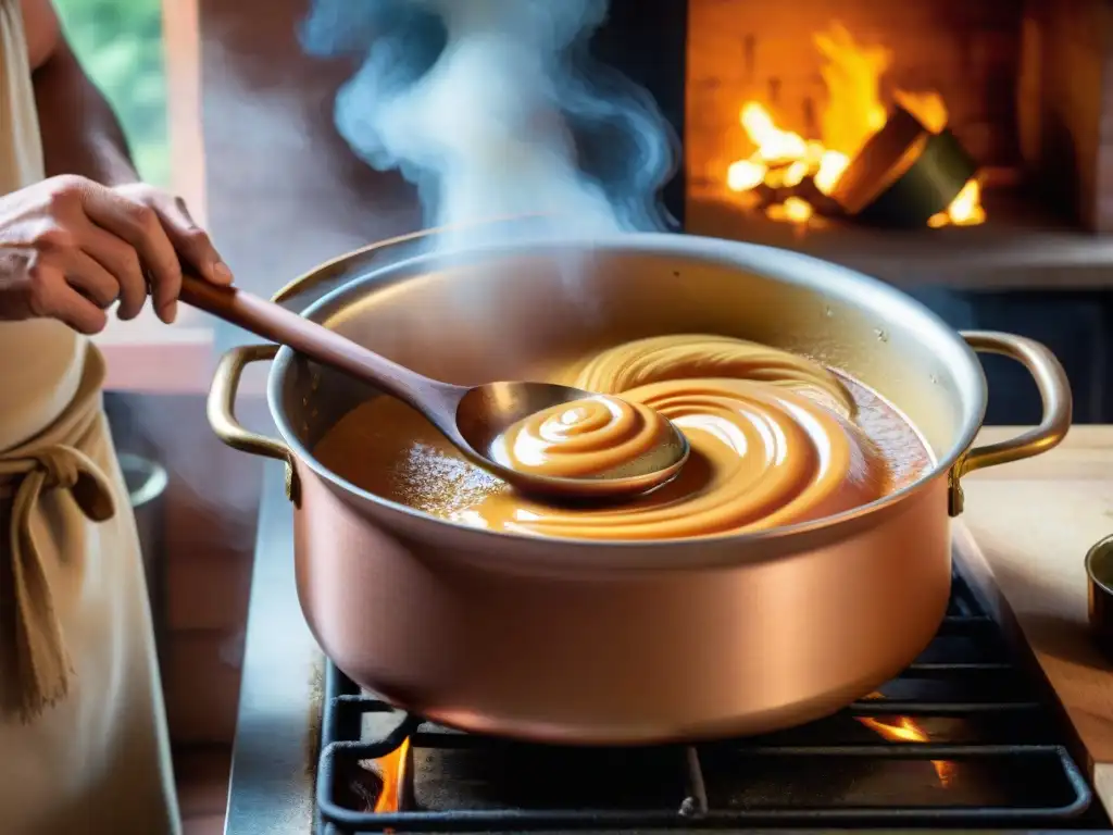 El maestro del dulce de leche remueve la mezcla cremosa en una cocina tradicional uruguaya