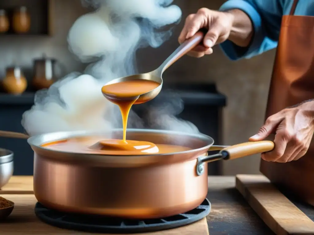 Un maestro del dulce de leche en Uruguay remueve con maestría una olla de cobre, creando el manjar más delicioso