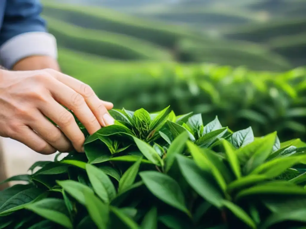 Un maestro del té en Uruguay inspecciona hojas con detalle en plantación tradicional