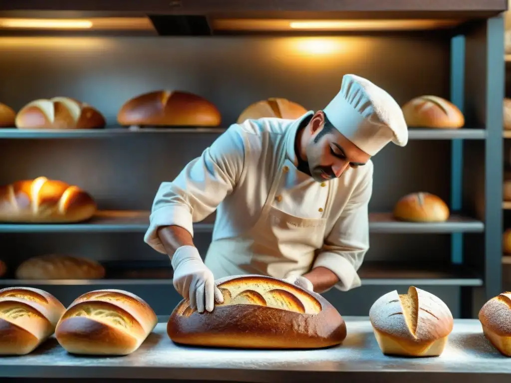 Un maestro panadero en una panadería de alta gama en Uruguay, marcando patrones en un pan artesanal recién horneado con detalle y precisión