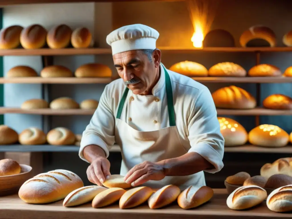 Un maestro panadero en una panadería uruguaya auténtica, moldeando delicados panes trenzados con destreza bajo cálida luz dorada