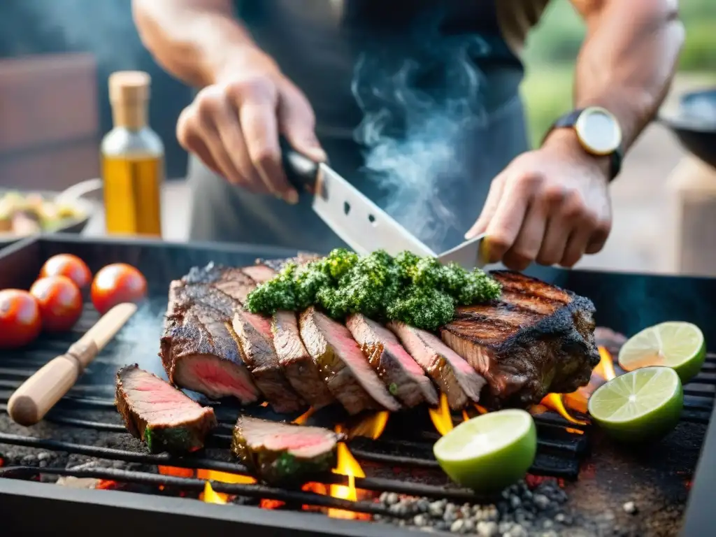 Un maestro de la parrilla uruguaya sazona expertamente carne con chimichurri, destacando la pasión y destreza al preparar carne uruguaya como experto