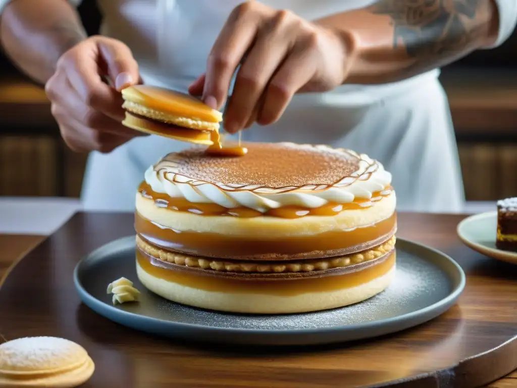 Un maestro pastelero elaborando postres de lujo en Uruguay con dulce de leche, chaja y pasta frola en una mesa rústica