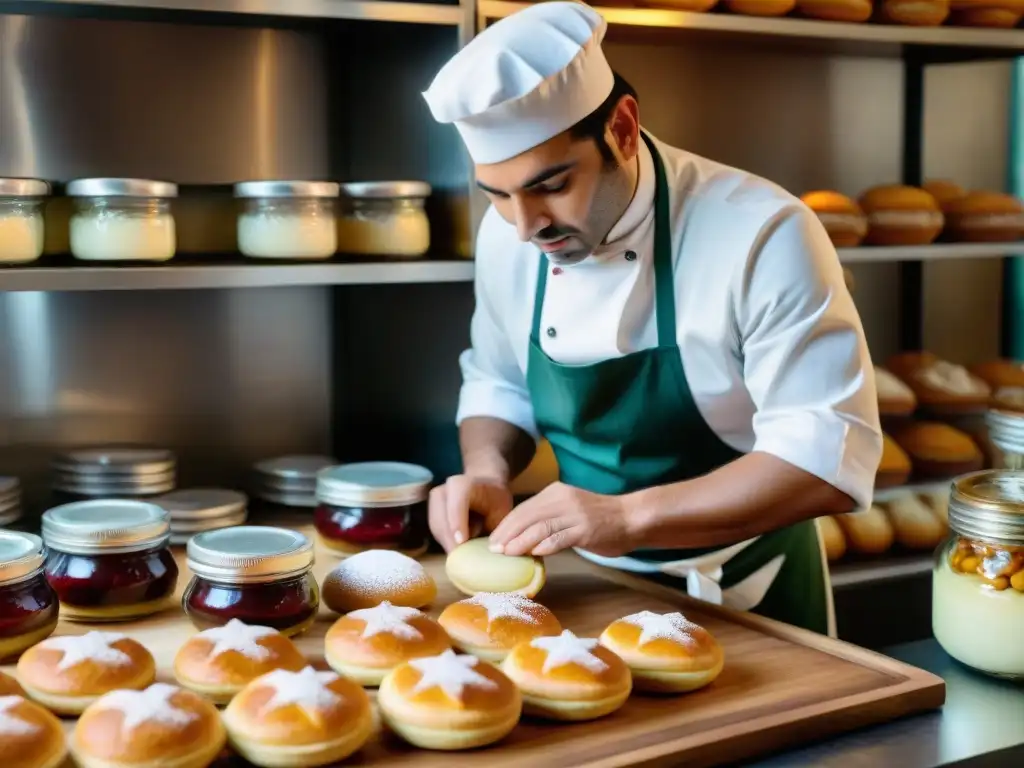 Un maestro pastelero uruguayo elaborando medialunas de dulce de leche, rodeado de herramientas vintage