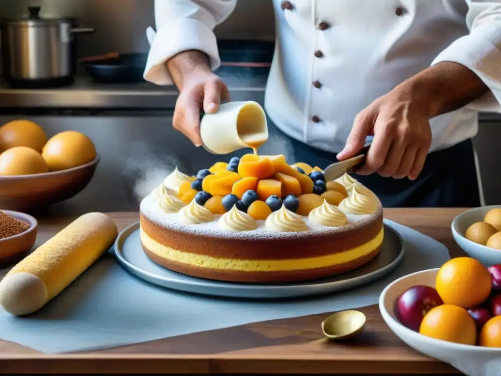 Un maestro pastelero uruguayo elaborando un tradicional chaja rodeado de ingredientes locales en una acogedora pastelería de Montevideo