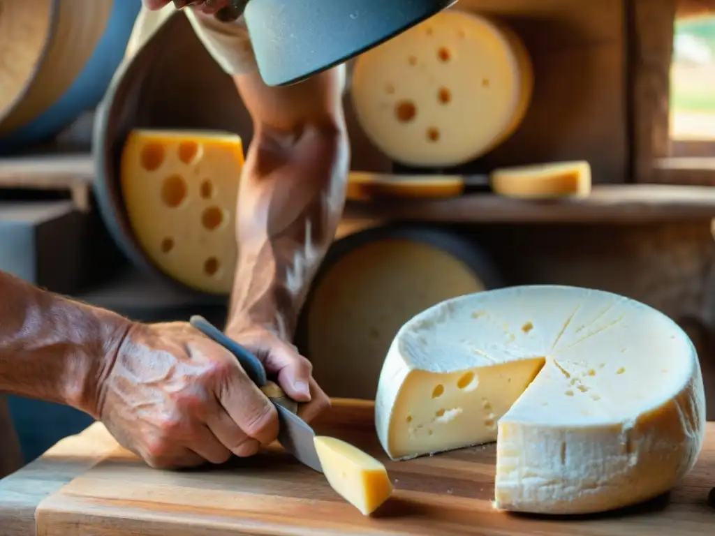 Un maestro quesero artesanal en Uruguay moldea con destreza una rueda de queso tradicional