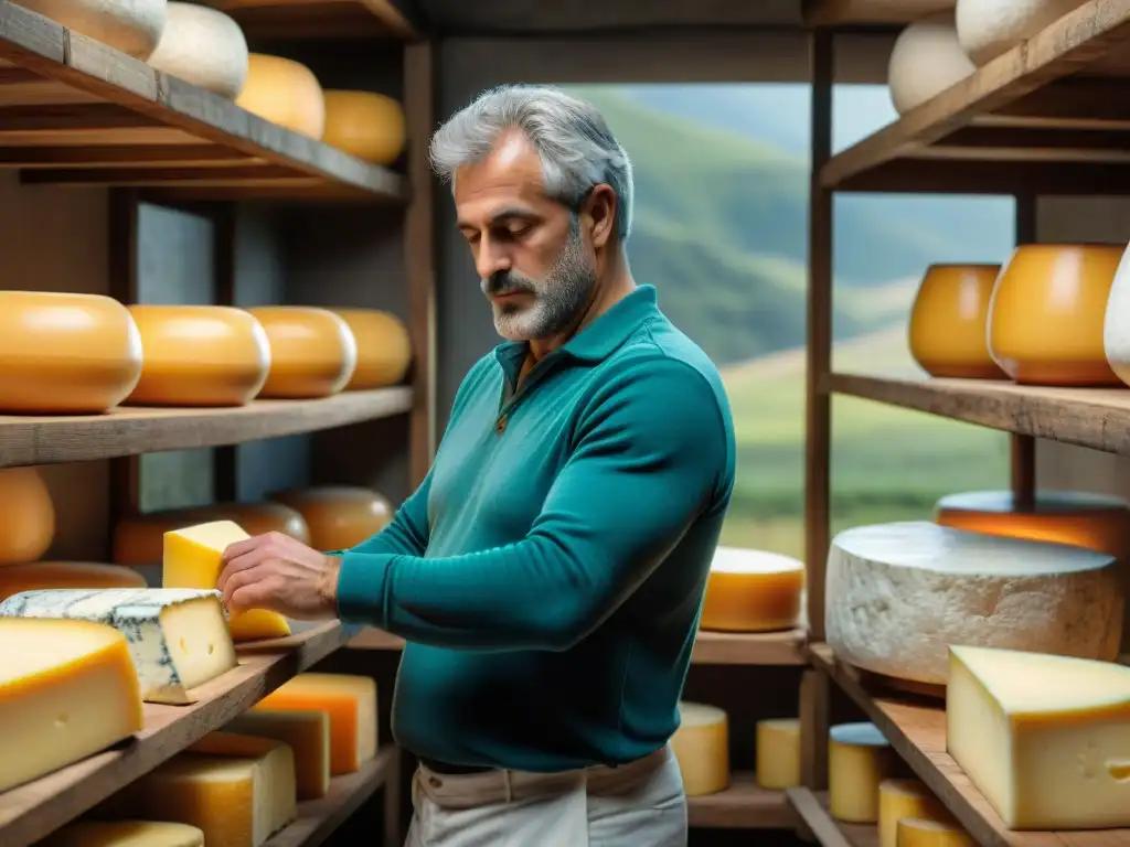 Un maestro quesero inspecciona con cuidado una rueda de queso uruguayo premium en una quesería de lujo en Uruguay