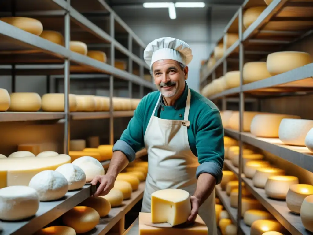 Un maestro quesero en una quesería de lujo en Uruguay elabora con destreza un queso artesanal, rodeado de tradición y autenticidad