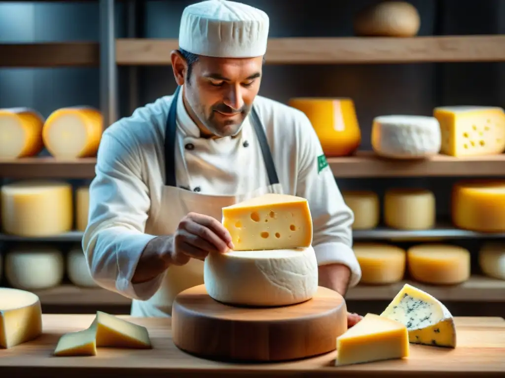 Un maestro quesero moldeando queso premium en una lujosa quesería de Uruguay