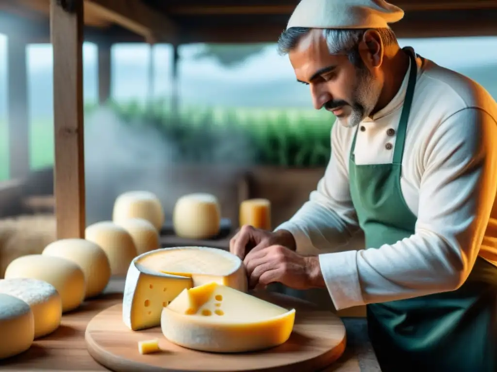 Un maestro quesero en Uruguay elaborando queso premium con destreza