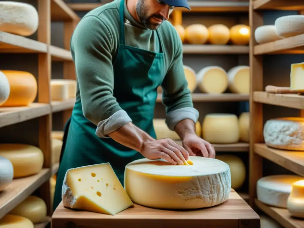 Un maestro quesero uruguayo moldea con destreza una rueda de queso artesanal, rodeado de variedades en la Ruta del queso en Uruguay