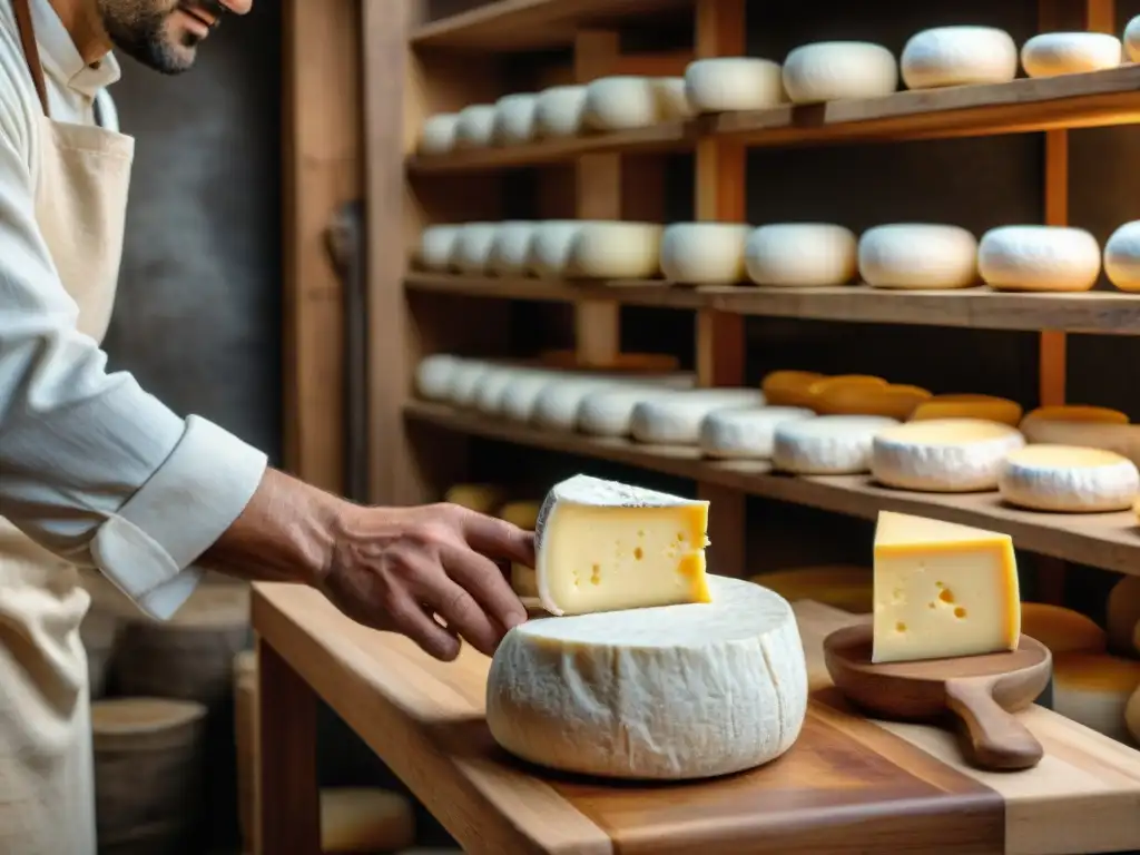 Un maestro quesero uruguayo moldea con destreza una rueda de queso artesanal, mostrando la textura y artesanía