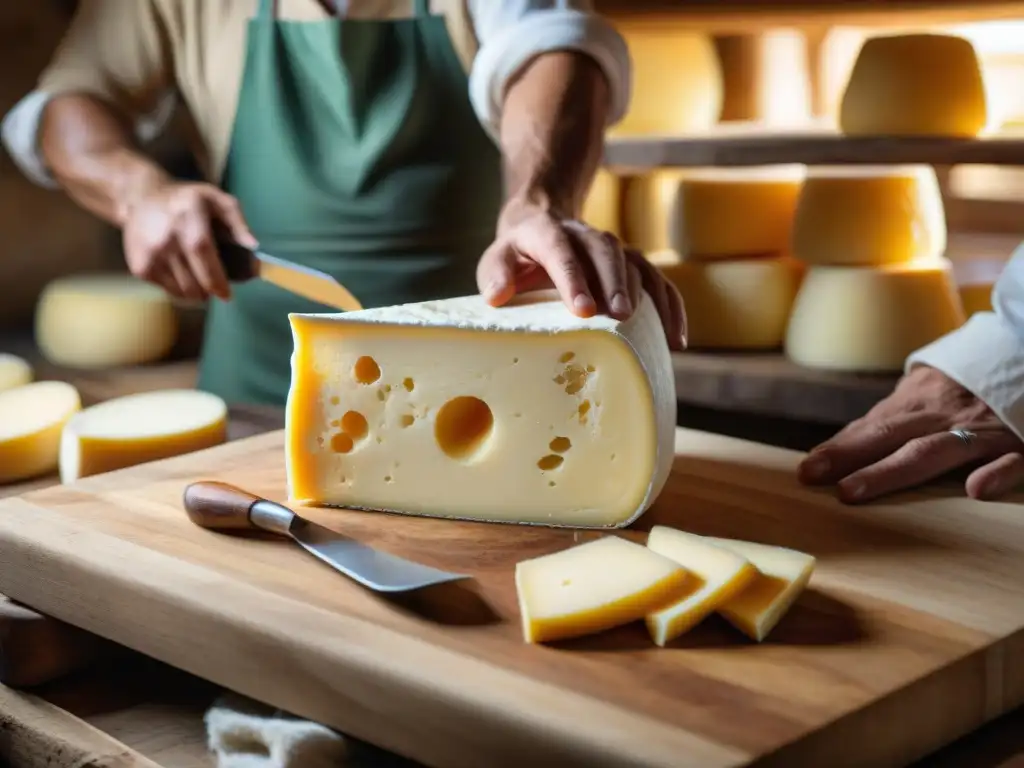 Un maestro quesero uruguayo moldeando queso tradicional en una quesería artesanal, destacando la artesanía