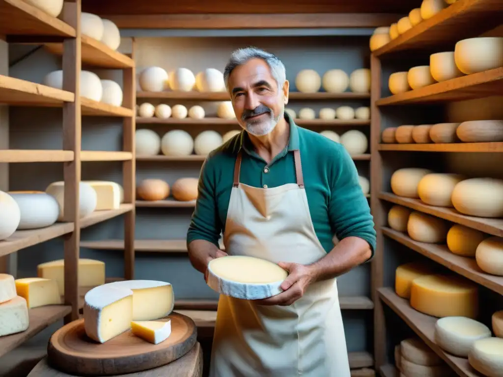 Un maestro quesero uruguayo elaborando queso artesanal en una quesería tradicional, rodeado de ruedas de queso envejecido