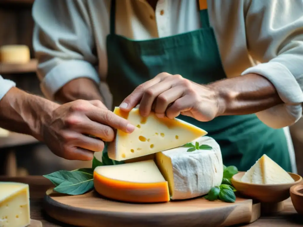 Un maestro quesero uruguayo elaborando un queso artesanal, rodeado de herramientas rústicas y moldes de queso envejecido