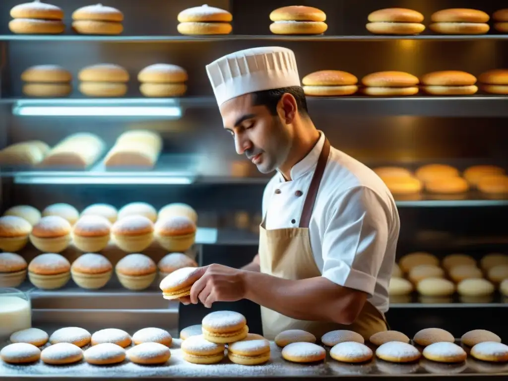 Un maestro repostero uruguayo elabora alfajores, rodeado de dulces tradicionales