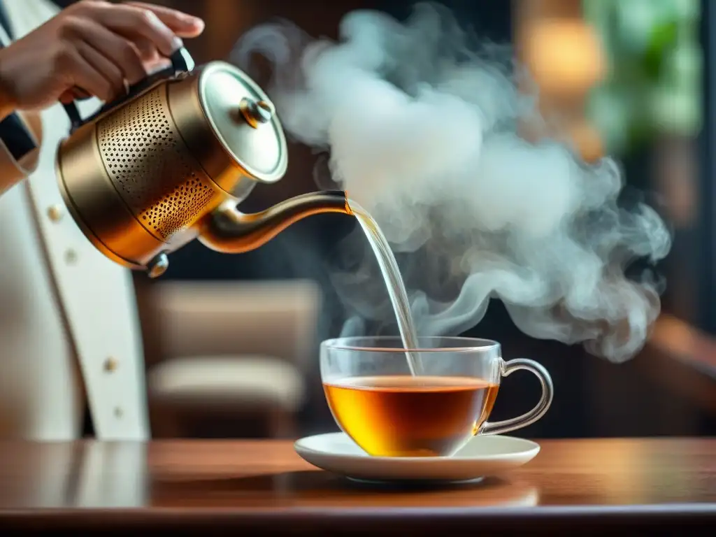 Un maestro sommelier de té vierte agua caliente sobre un infusor de té, creando una experiencia lujosa