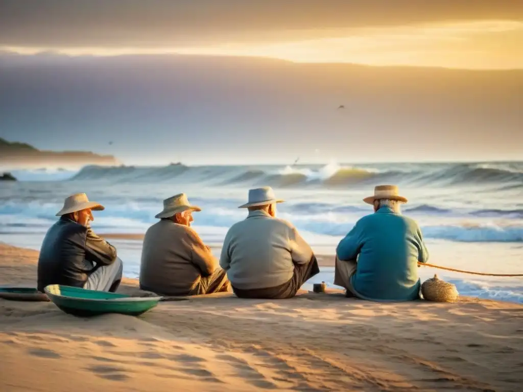 Maestros pescadores uruguayos en la costa, reparando redes al atardecer