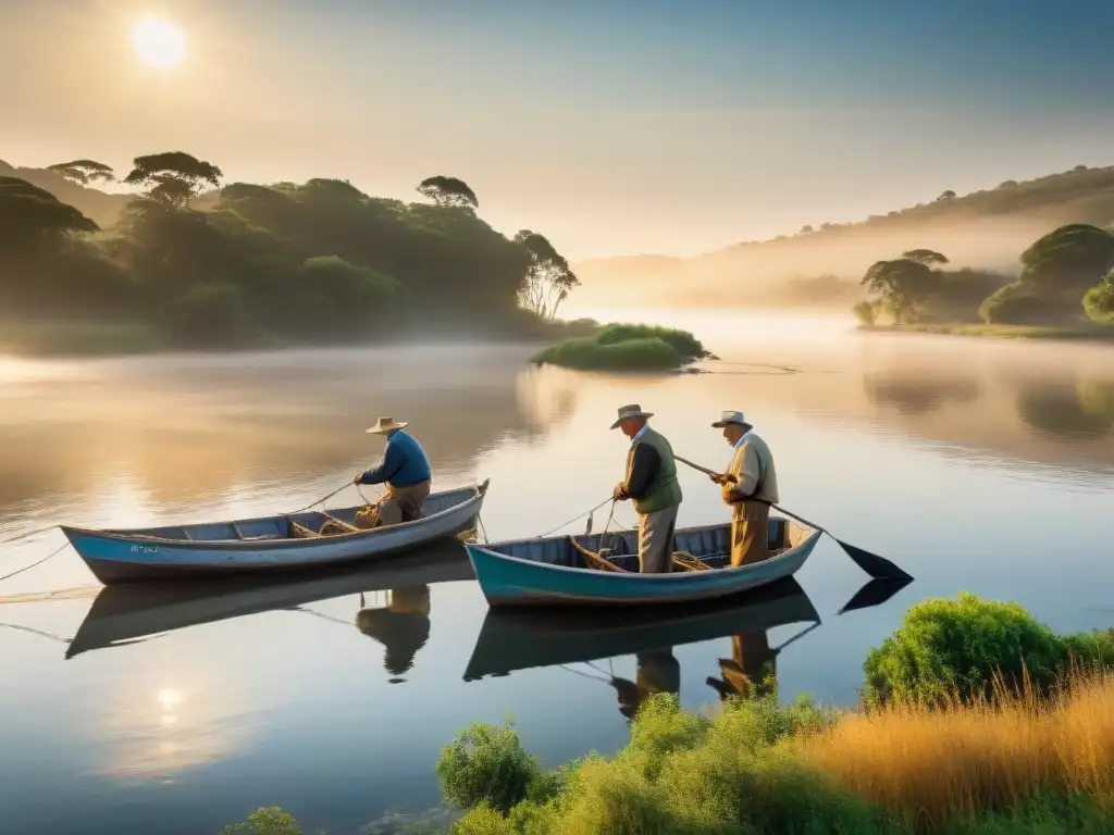 Maestros pescadores uruguayos expertos en tradición pesca, lanzando redes en río pintoresco al amanecer