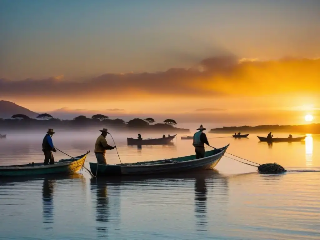 Maestros pescadores uruguayos capturan la tradición pesquera al atardecer en el río, en un escenario místico y sereno