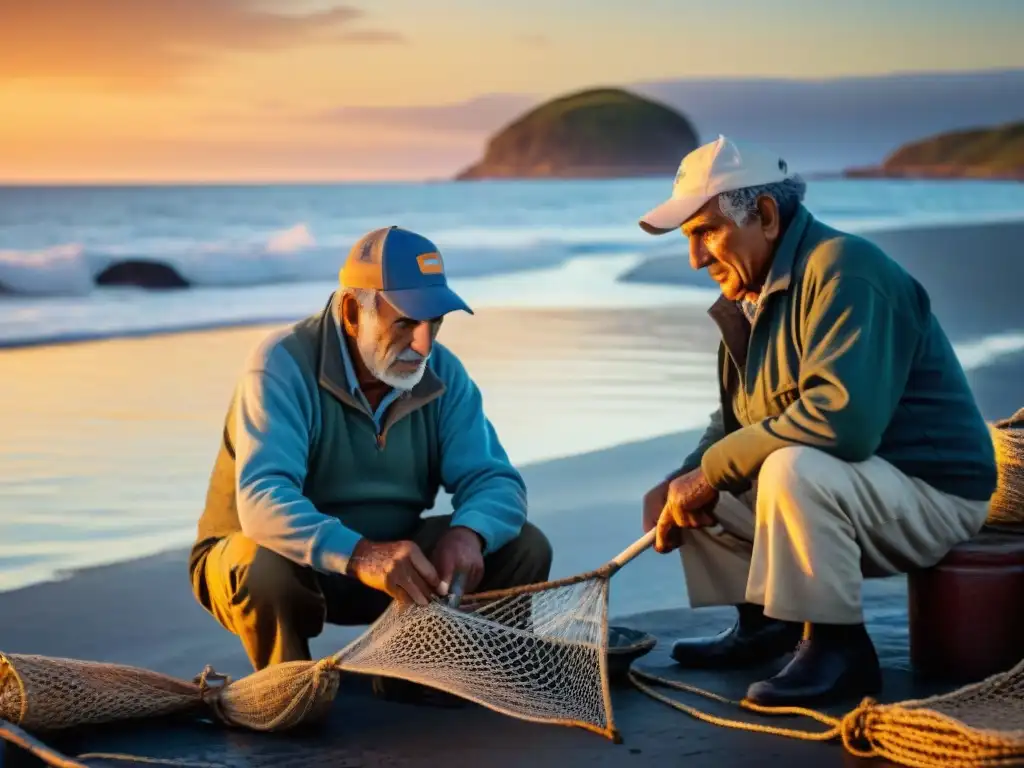 Maestros pescadores uruguayos lanzando redes al atardecer en el mar