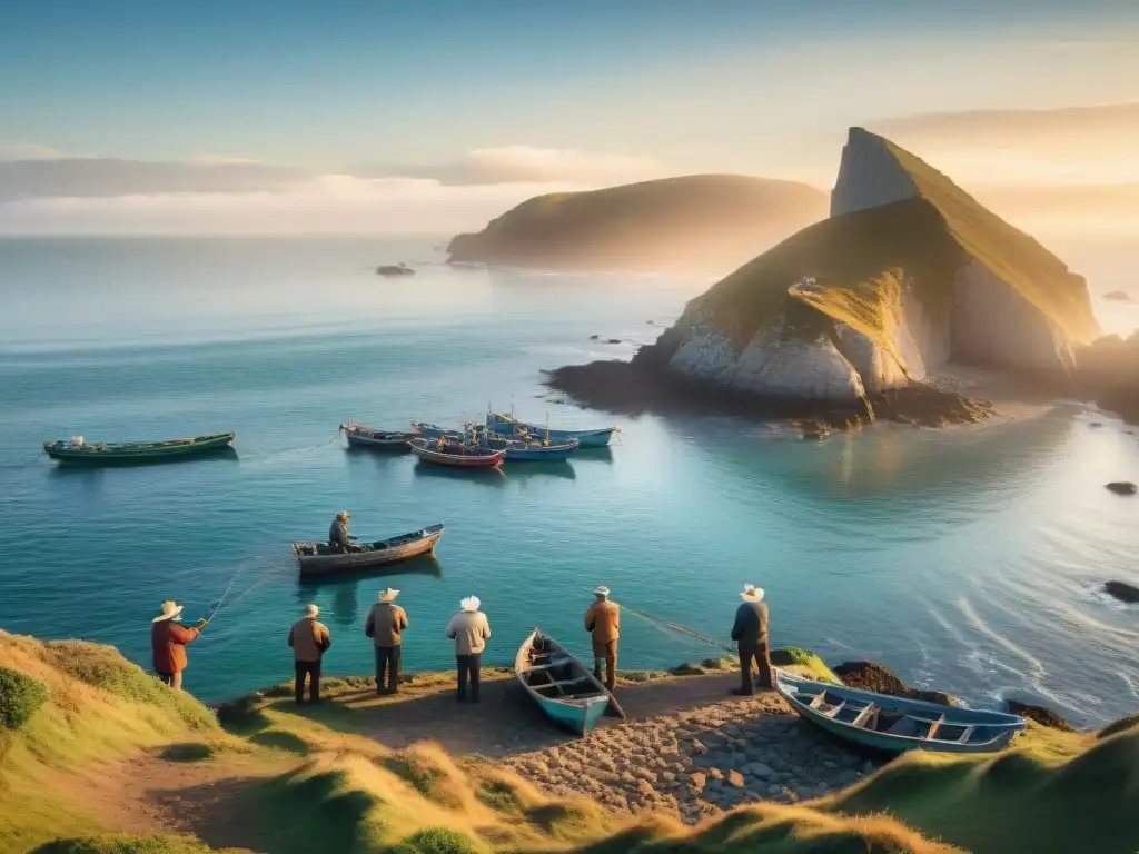 Maestros pescadores uruguayos en la tradición pesca al amanecer en la costa