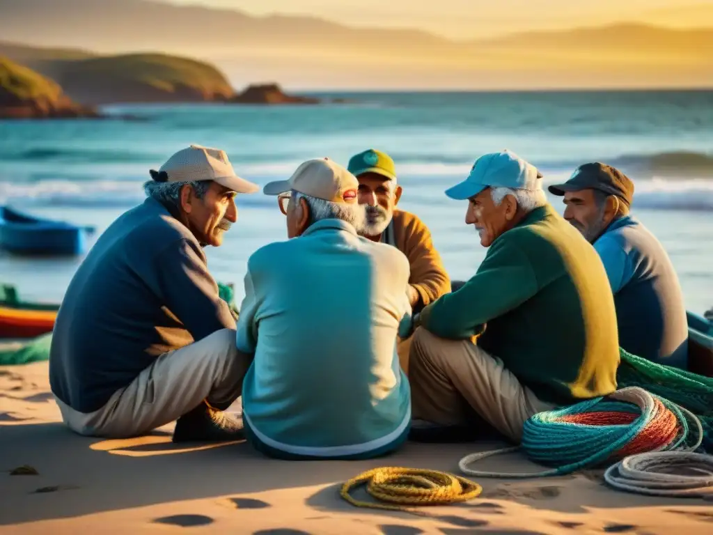 Maestros de la tradición pesquera en Uruguay compartiendo sabiduría en la playa al atardecer