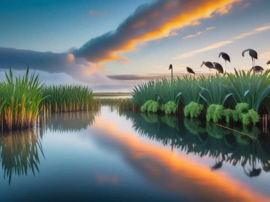 Magia al amanecer en Laguna Garzón, reflejos de cielo y plantas, familia de cisnes