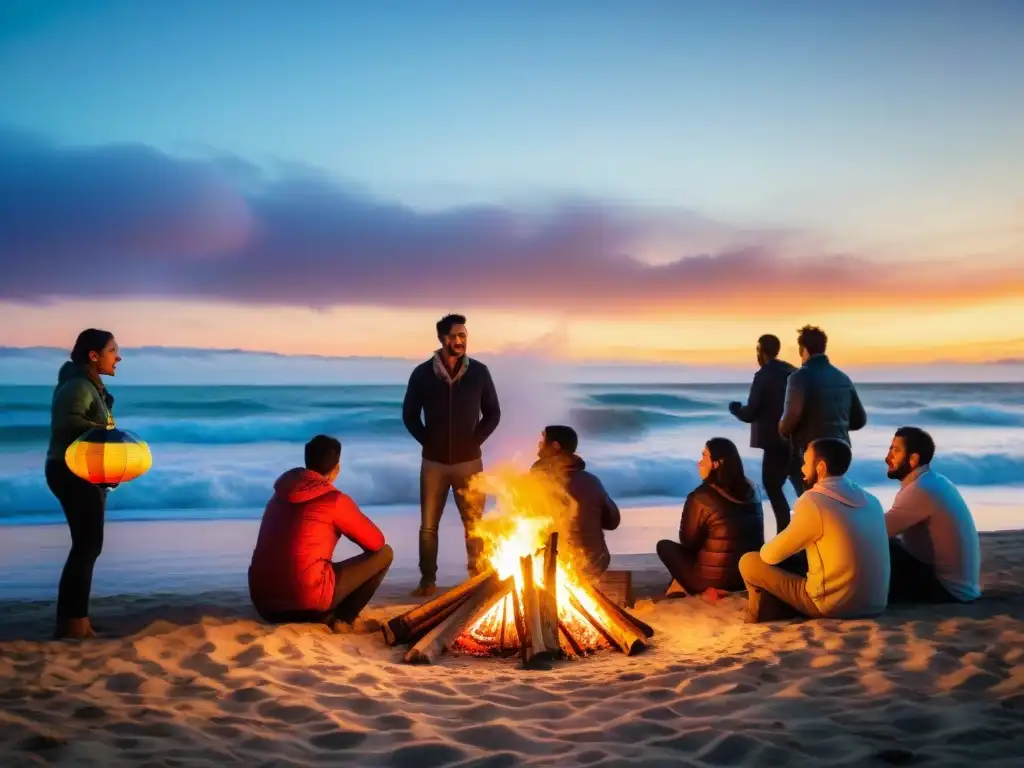 Celebración mágica en la Fiesta de San Juan en Uruguay: Gente alrededor de fogata en la playa, iluminados por linternas coloridas y el mar al fondo