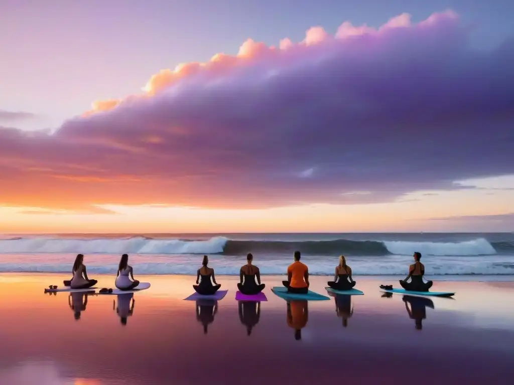 Un mágico atardecer sobre el océano Atlántico en Uruguay, donde yoguis practican al sol y surfistas atrapan las últimas olas