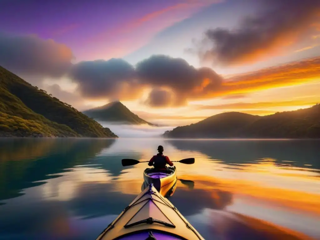 Un mágico atardecer en Laguna Garzón: un kayak surca aguas tranquilas bajo un cielo de cálidos colores