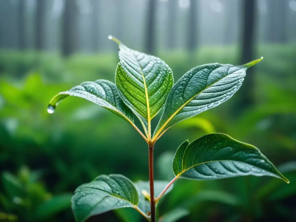 Un mágico y detallado retrato de una planta de Yerba Mate en un bosque brumoso de Uruguay, resaltando la flora y fauna endémica