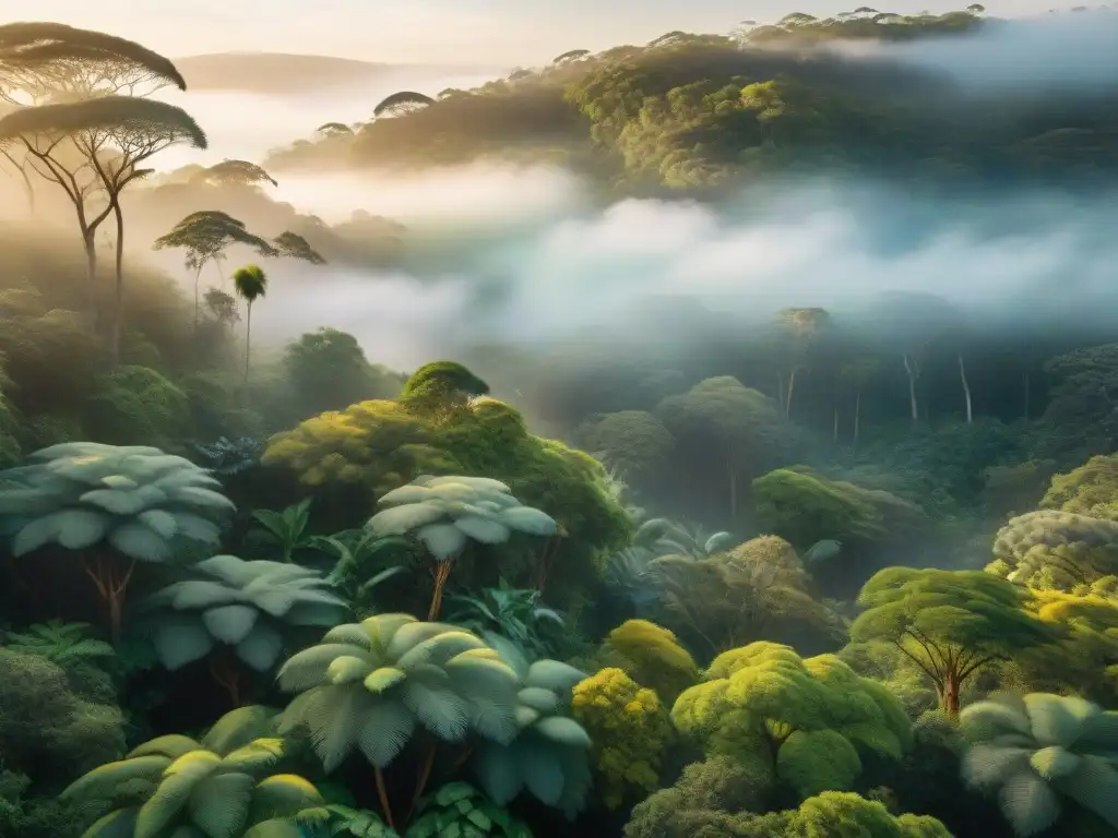 Un mágico amanecer en un frondoso bosque uruguayo, con aves nativas en vibrante actividad