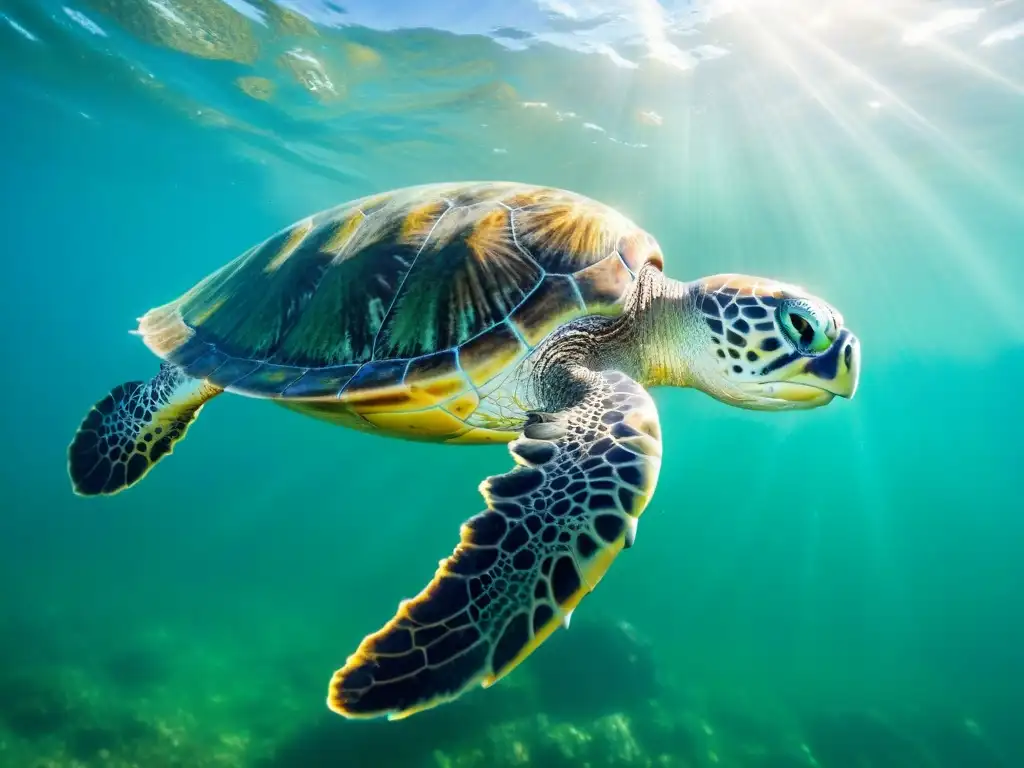 Tortuga marina majestuosa nada en aguas cristalinas de las costas de Uruguay, evocando admiración