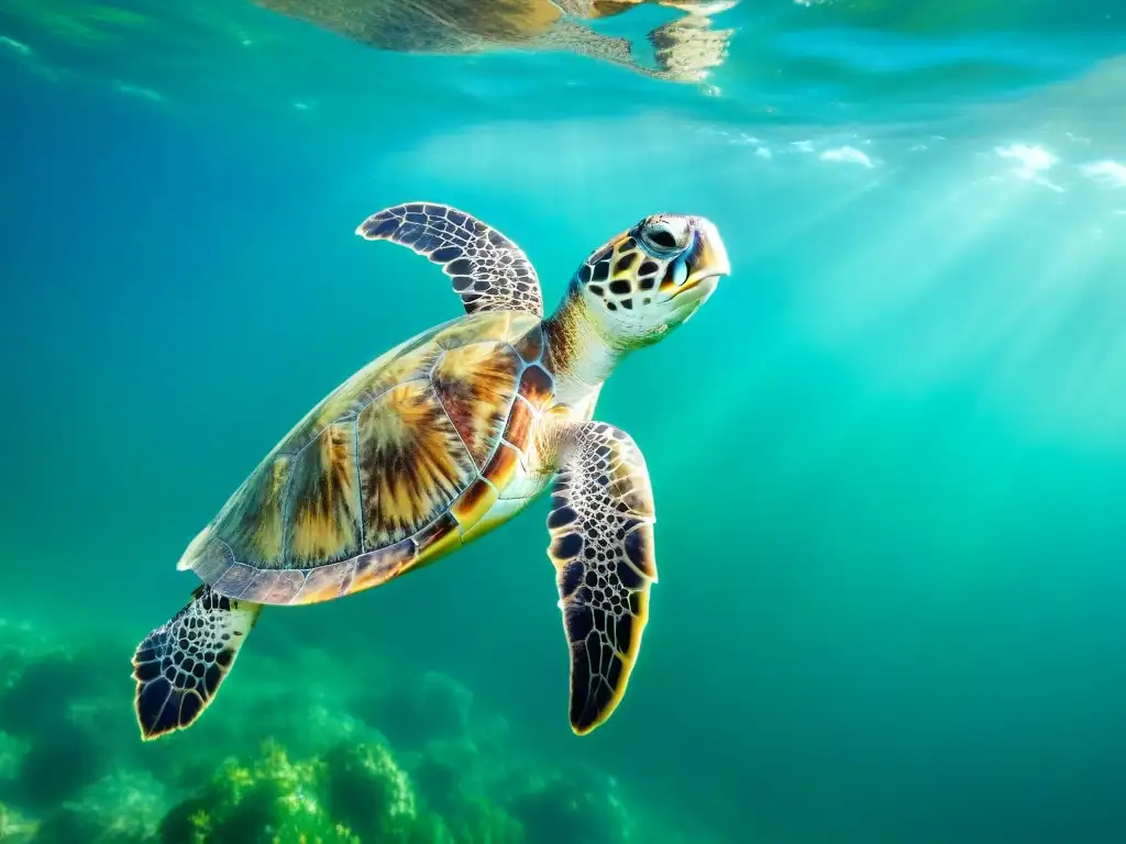 Una majestuosa tortuga marina nadando en aguas cristalinas cerca de las costas de Uruguay