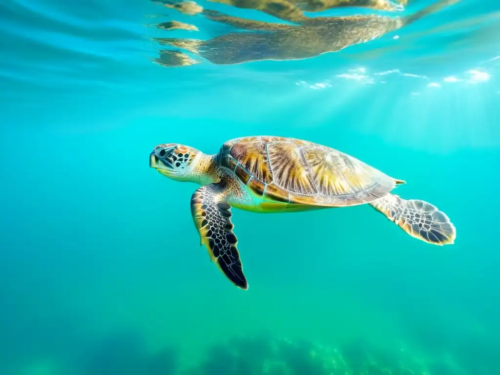 Tortuga marina majestuosa nadando en aguas turquesa cristalinas de Uruguay