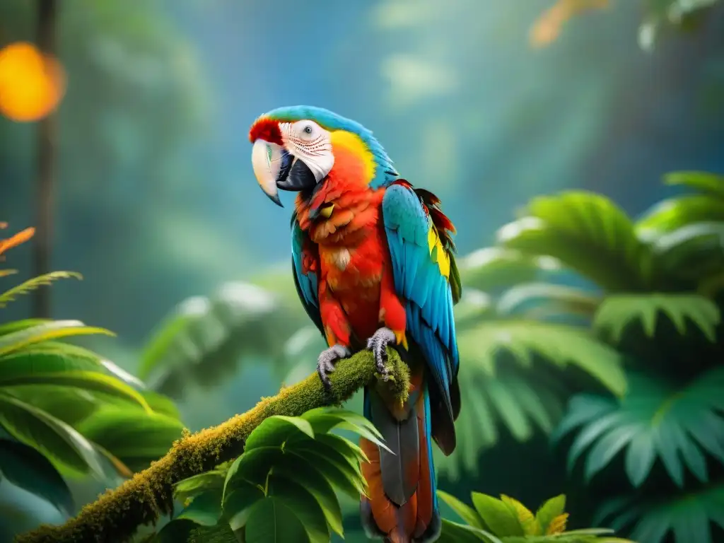 Una majestuosa guacamaya escarlata en un árbol verde de un exuberante bosque lluvioso en Uruguay, resaltando la salud ambiental de las aves