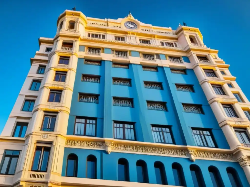 La majestuosa arquitectura Art Deco del Palacio Salvo en Montevideo, resplandece bajo el cielo azul