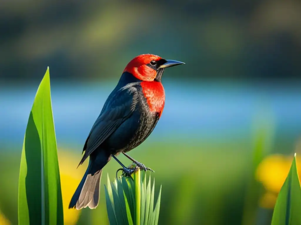 Majestuosa ave hermosa en Uruguay fotografía: Mirada cautivadora del Tordo Sietecolores sobre un junco en humedales verdes