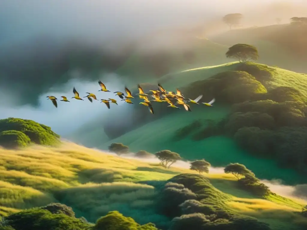 Una majestuosa bandada de aves coloridas en vuelo sobre un paisaje verde en Uruguay