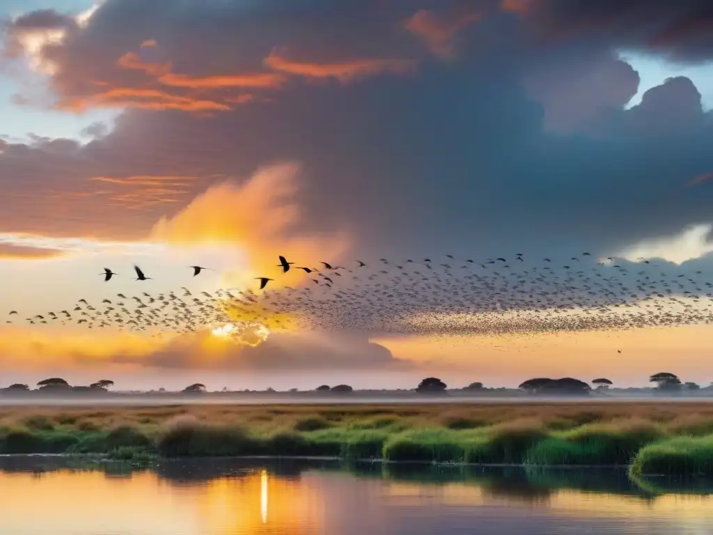 Una majestuosa escena de aves migratorias en Uruguay volando sobre un hábitat de humedales exuberante al atardecer