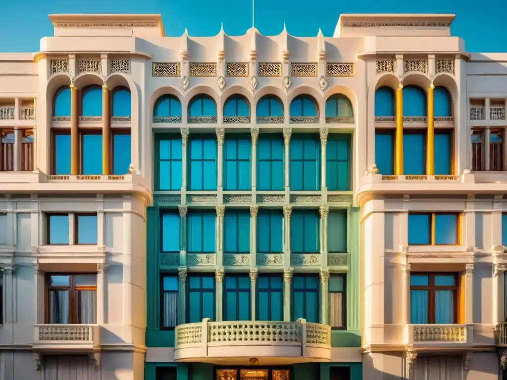 La majestuosa fachada Art Deco del Palacio Salvo en Montevideo iluminada por el sol, destacando su elegancia y simetría