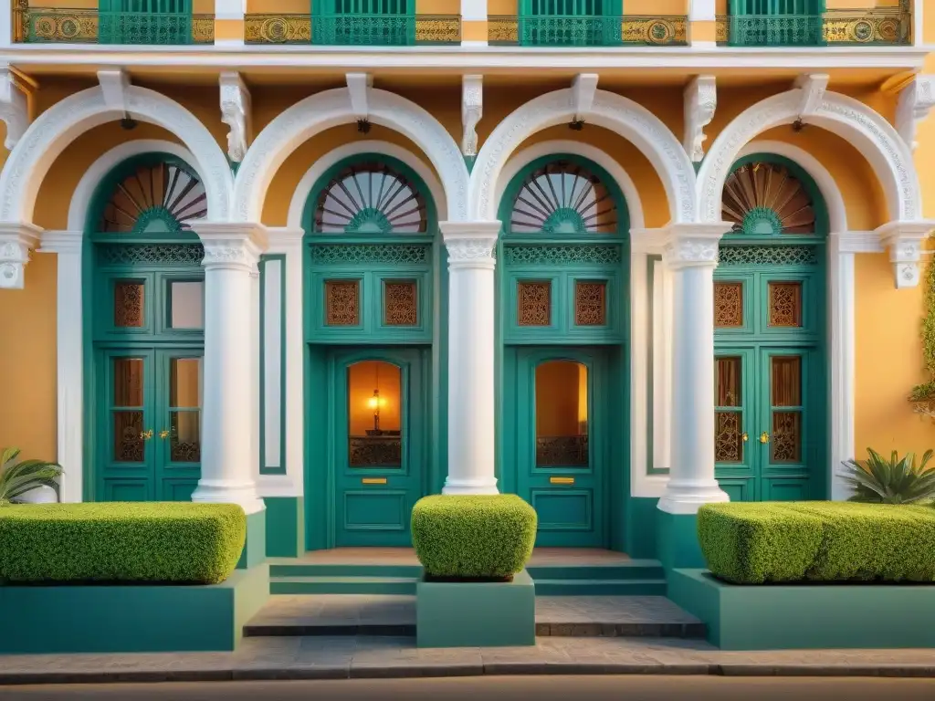 La majestuosa fachada de un hotel boutique histórico en Uruguay, con detalles ornamentales y una entrada elegante rodeada de vegetación exuberante