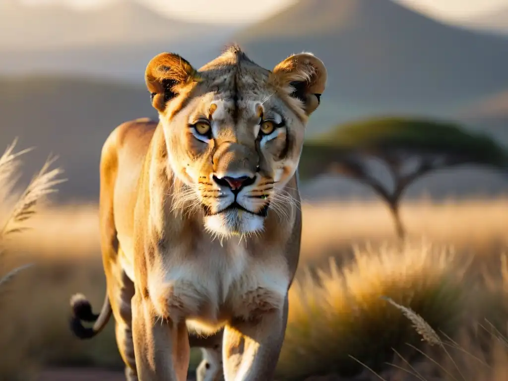 Una majestuosa leona caminando grácilmente por la alta hierba dorada de la sabana al atardecer, fotografiando fauna hábitat natural