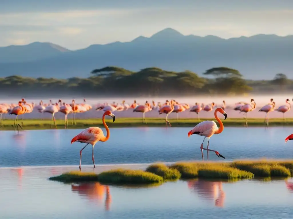 Majestuosa migración de flamencos sobre humedales en Uruguay al atardecer, reflejos dorados en el agua