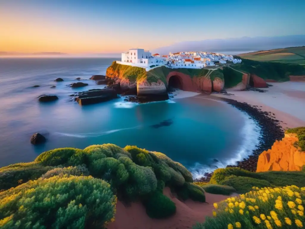 La majestuosa puesta de sol detrás de Casapueblo en Punta Ballena, Uruguay realza la belleza natural del país