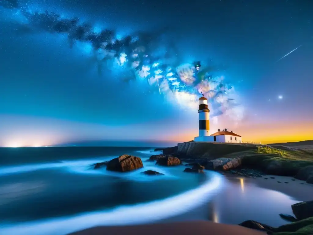 Majestuosa vista de la Vía Láctea sobre el faro de Cabo Polonio en Uruguay